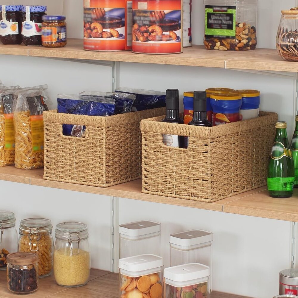 Round Paper Rope Storage Baskets, Rectangular Wicker Baskets with Built-in Handl - Picture 6 of 7